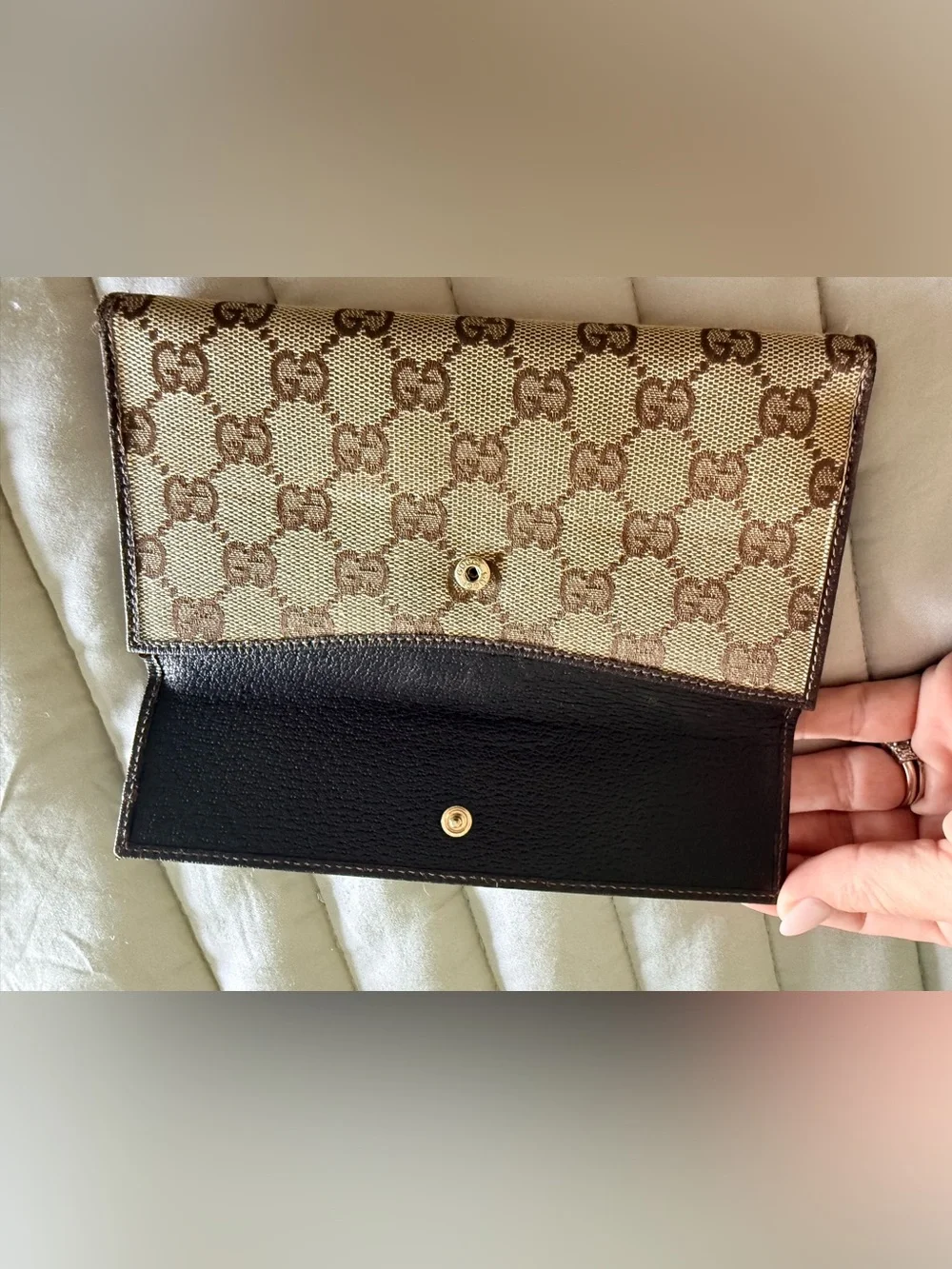 Gucci GG Monogram Canvas Continental Wallet Brown Leather Trim